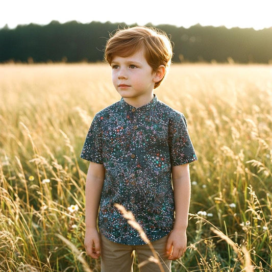 Mandarin Collar Liberty London Fabric Short Sleeve Boy Shirt: Button Up, Botanical Floral Print
