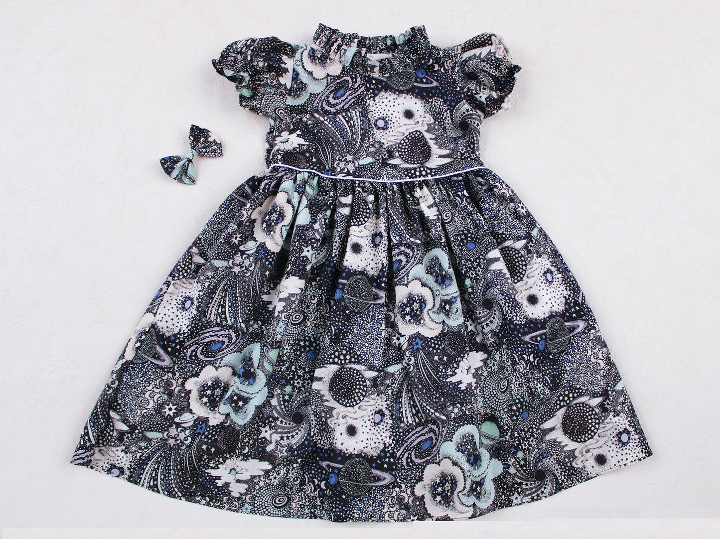 Ruffle Collar Liberty London Dress: Short Puffy Sleeves, Floral Print Cotton Girl Dress