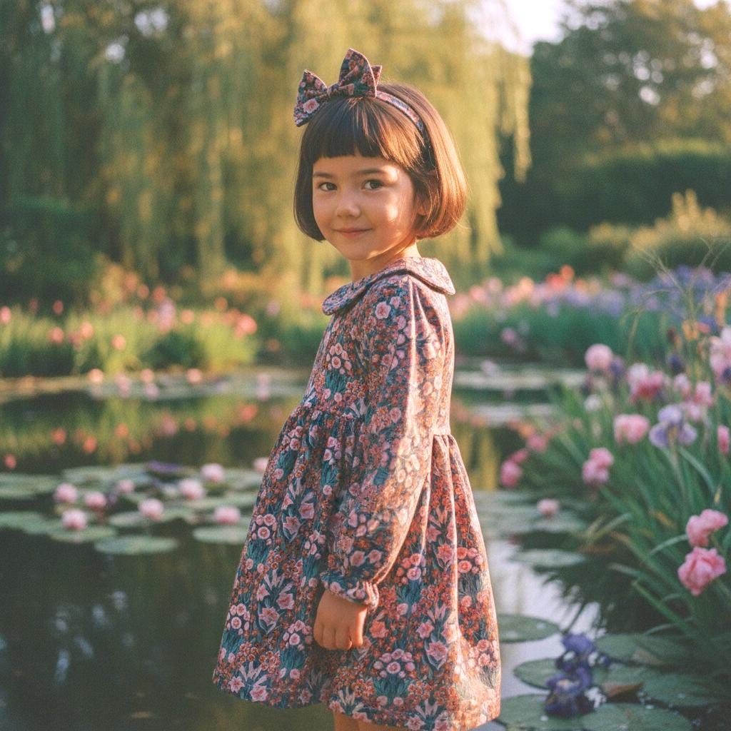 Long Sleeve Liberty Floral Print Girl Dress: Peter Pan Collar, Ditsy Botanical Cotton Print