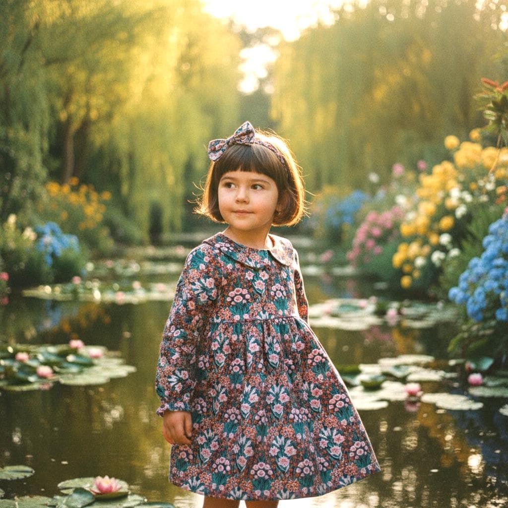 Long Sleeve Liberty Floral Print Girl Dress: Peter Pan Collar, Ditsy Botanical Cotton Print