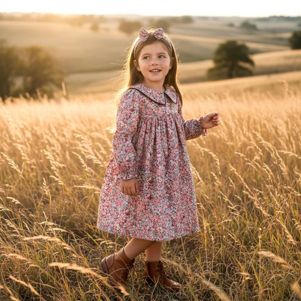 Peter Pan Collar Long Sleeve Liberty Floral Print Girl Dress: Cotton Tana Lawn