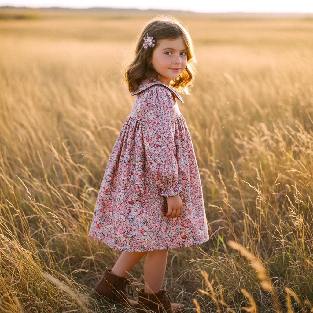 Peter Pan Collar Long Sleeve Liberty Floral Print Girl Dress: Cotton Tana Lawn