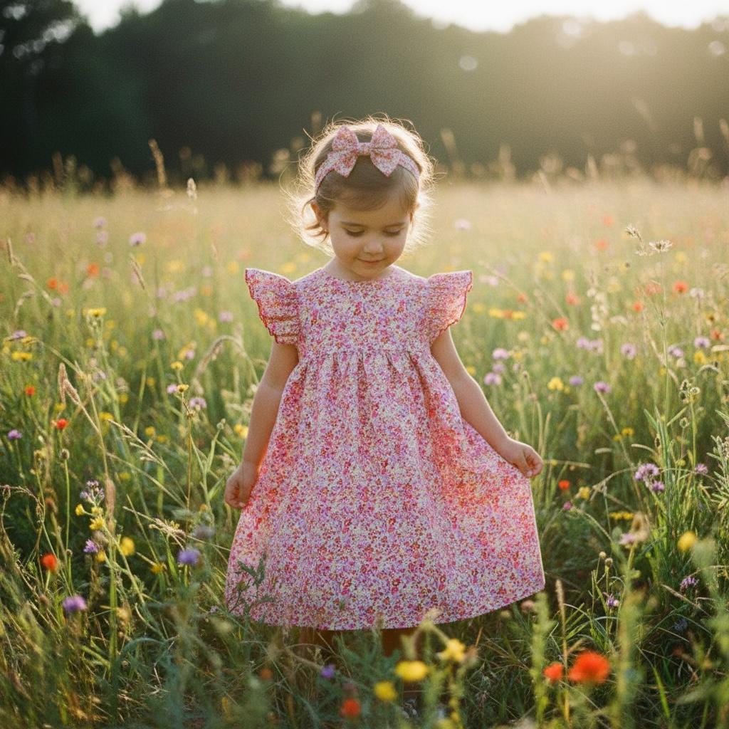 Liberty London Sleeveless Flower Girl Sun Dress: Ruffle Flutter Shoulder, Ditsy Floral Print