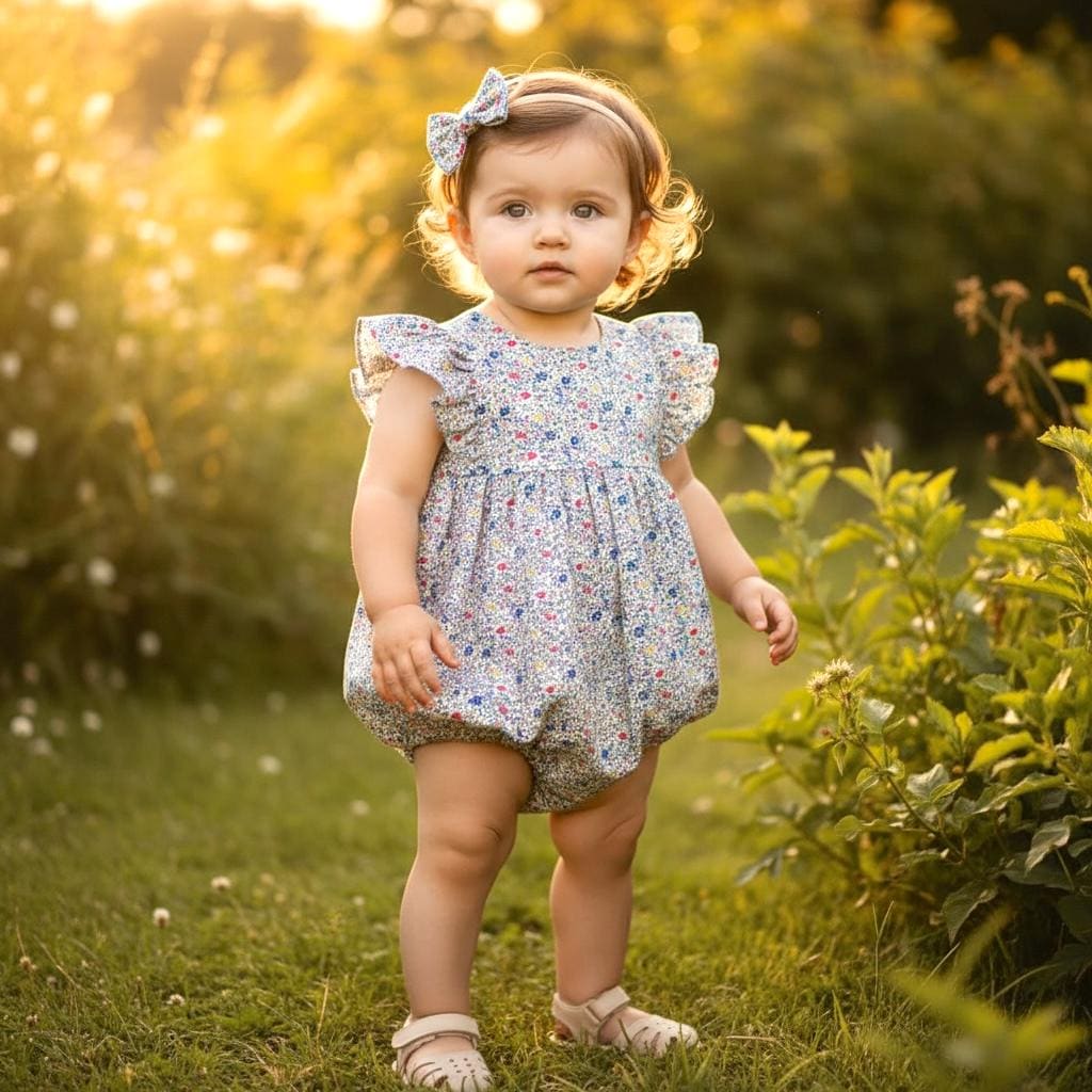Ruffle Liberty London Baby Bubble Romper, Lightweight Cotton Tana Lawn Fabric Onesie, Ditsy Playsuit