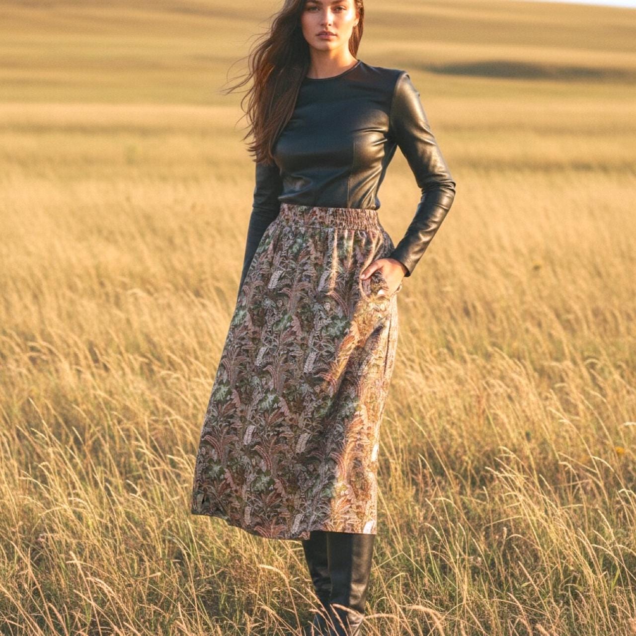 Midi Floral Liberty London A-Line Skirt: Elastic Waist Flare Skirt, Ditsy Botanical Print