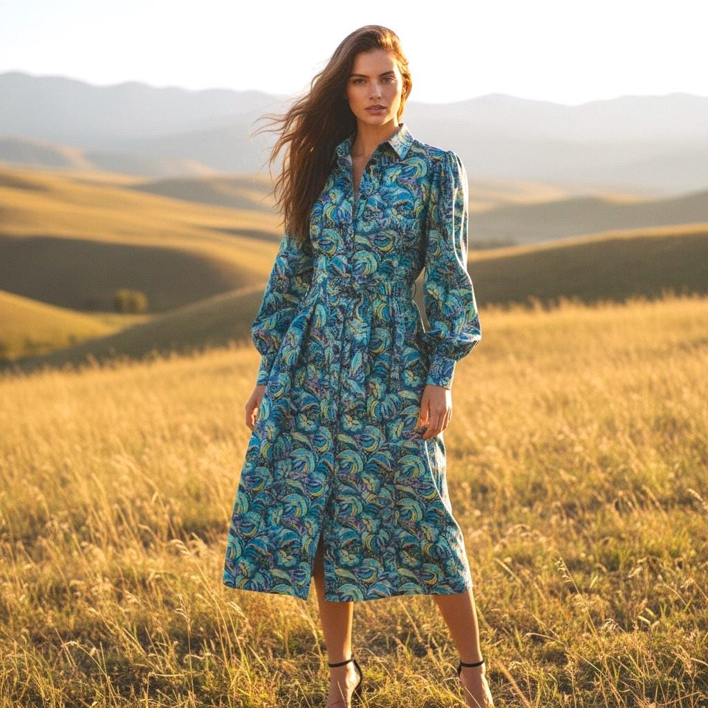 Long Sleeve Liberty London Shirt Dress: Botanical Floral Print, Midi Flower Dress