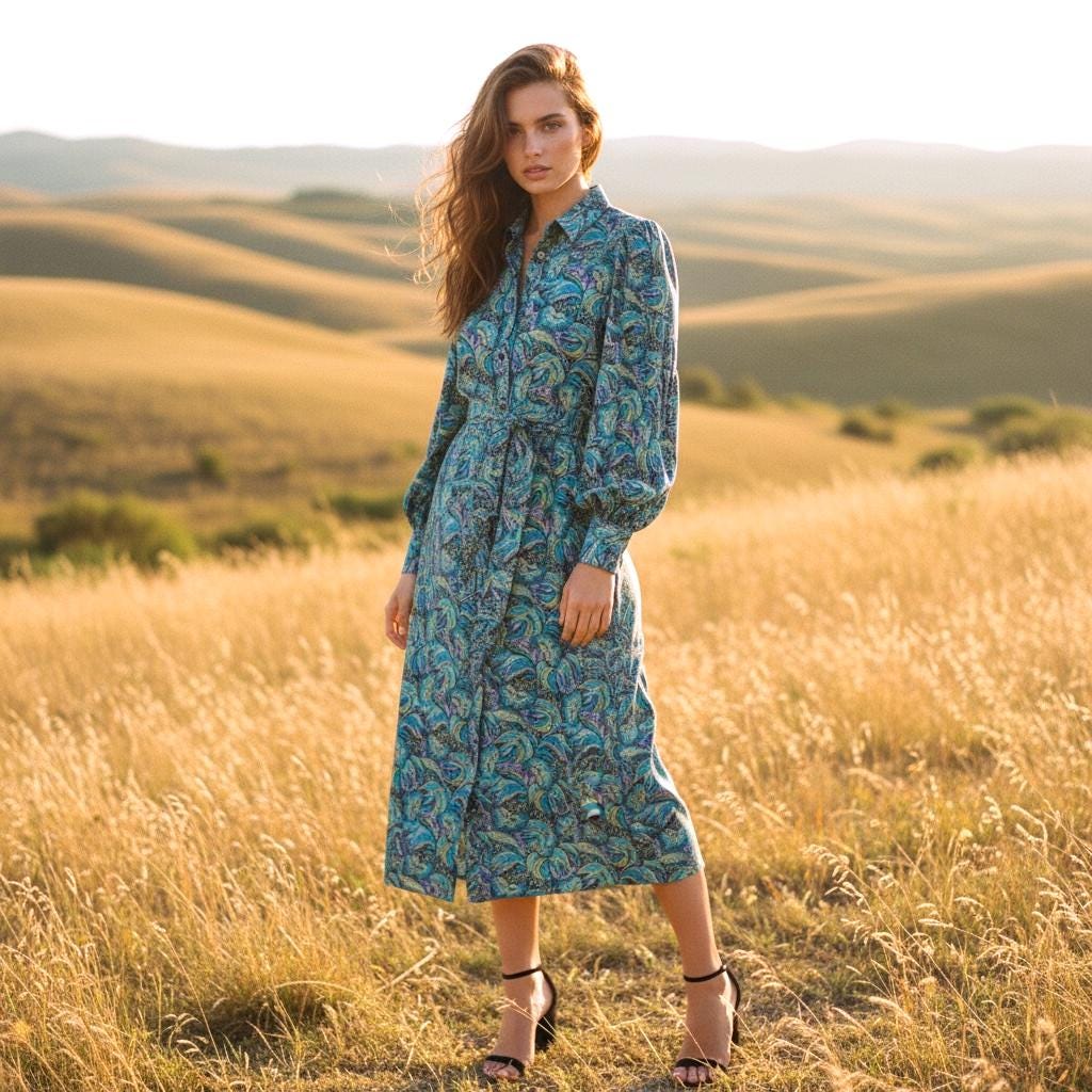 Long Sleeve Liberty London Shirt Dress: Botanical Floral Print, Midi Flower Dress
