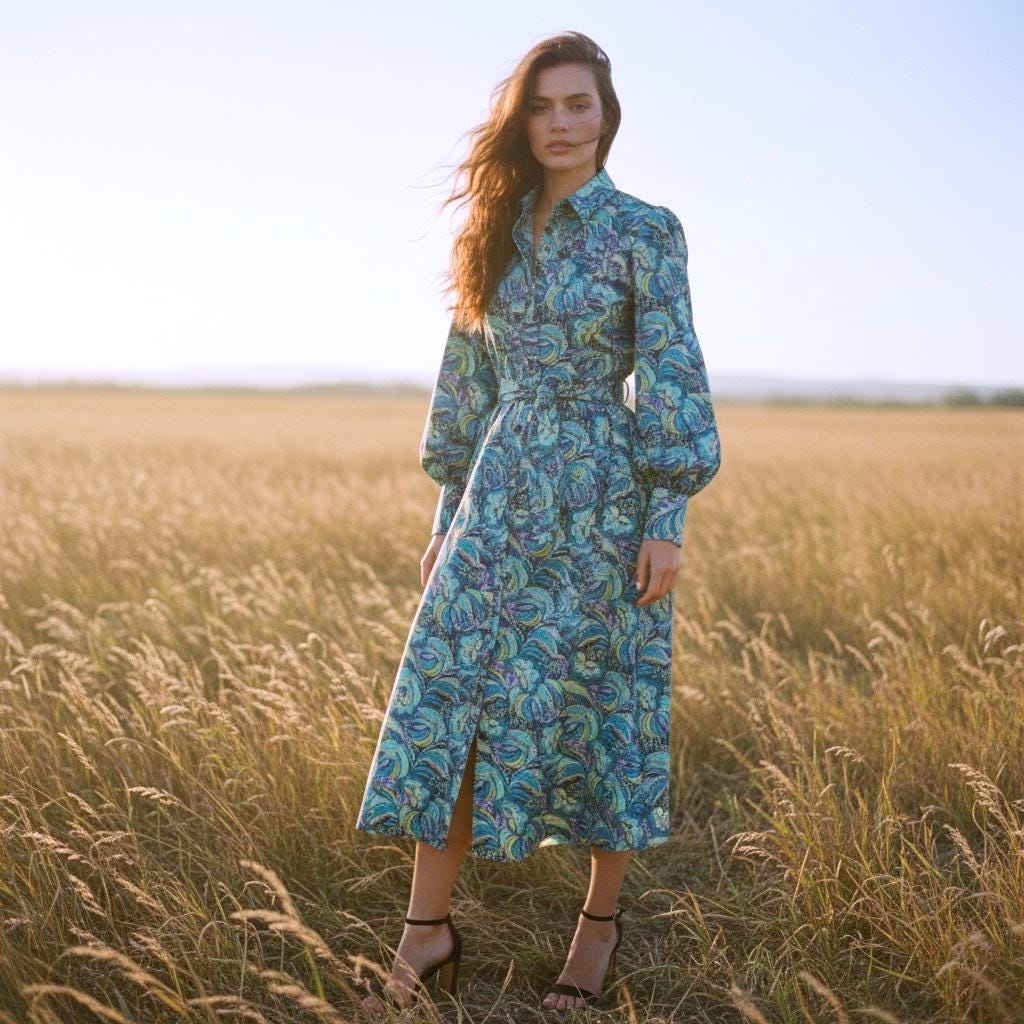 Long Sleeve Liberty London Shirt Dress: Botanical Floral Print, Midi Flower Dress