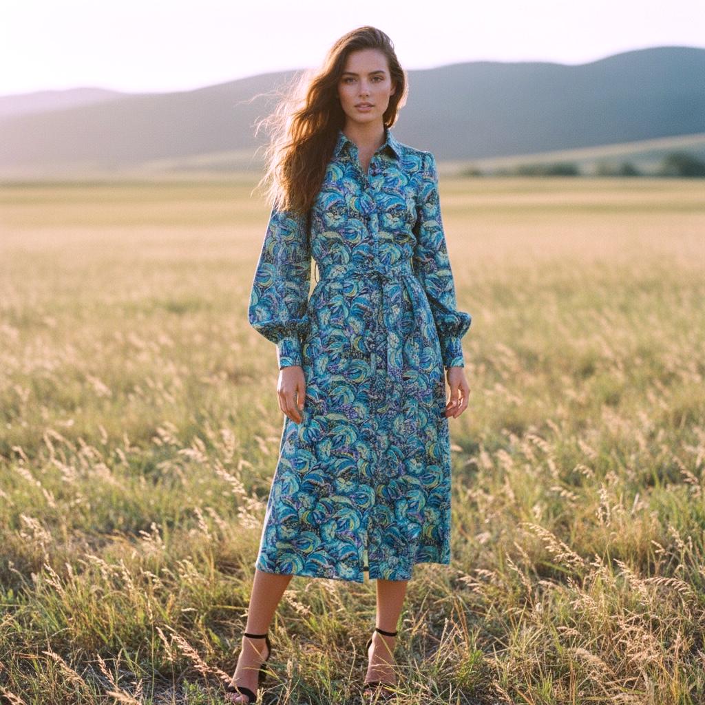 Long Sleeve Liberty London Shirt Dress: Botanical Floral Print, Midi Flower Dress