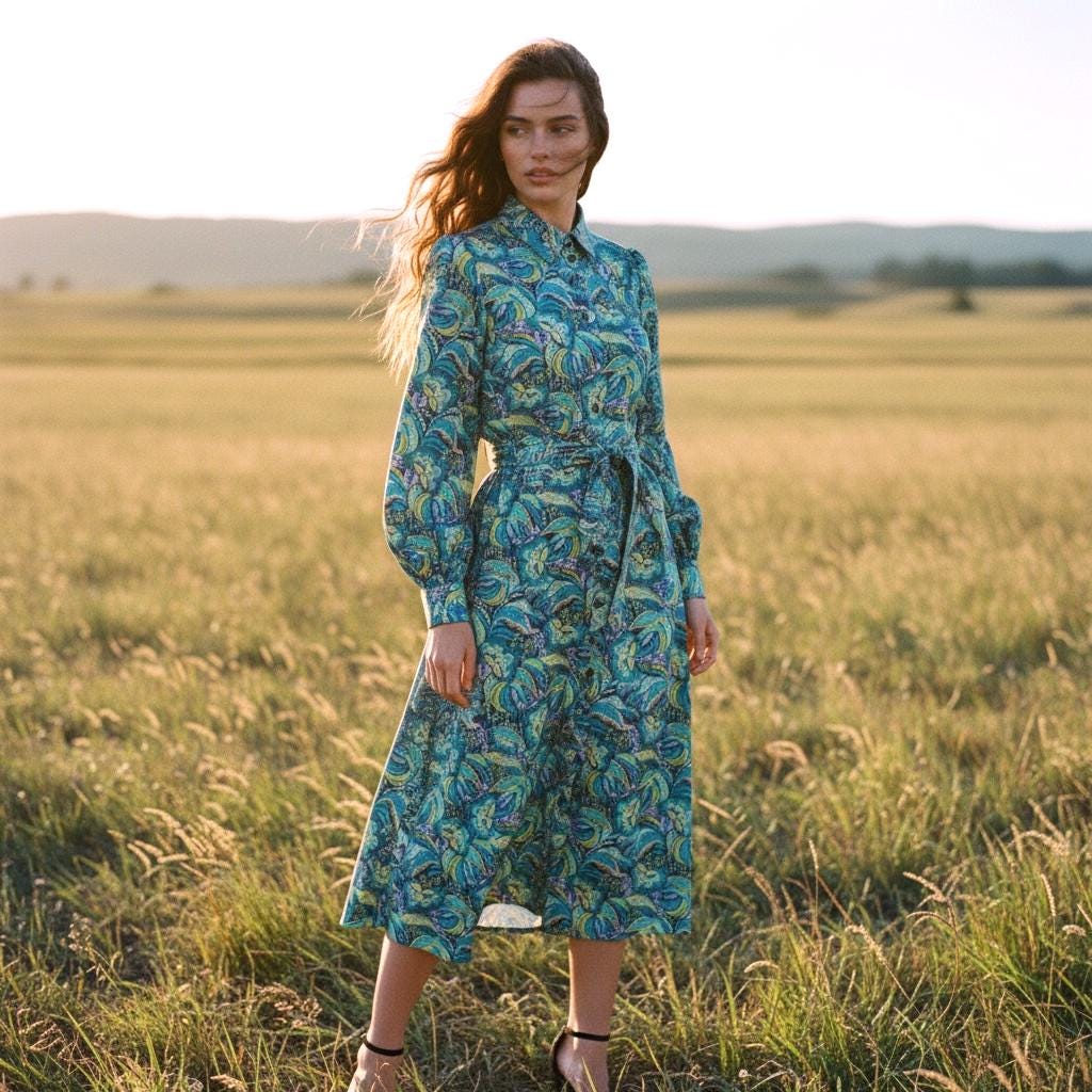 Long Sleeve Liberty London Shirt Dress: Botanical Floral Print, Midi Flower Dress