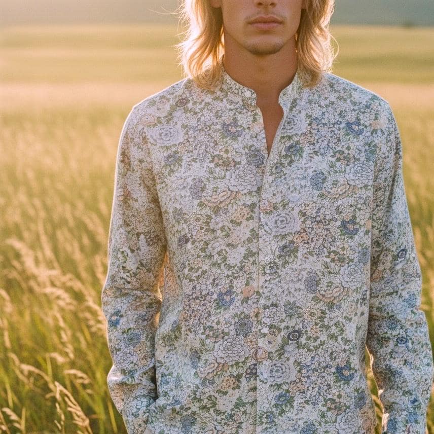 Mandarin Collar Liberty Print Men Shirt: Long Sleeve Button Up, Botanical Floral Cotton Fabric