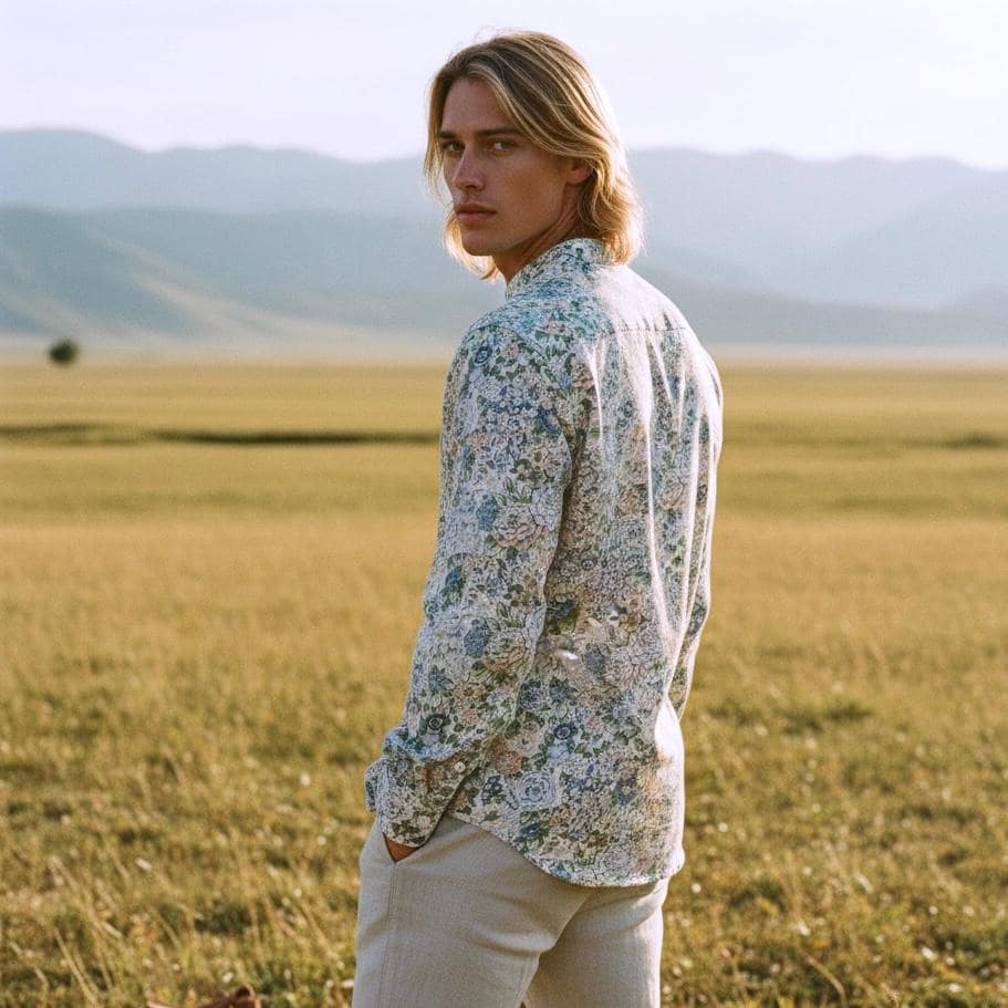 Mandarin Collar Liberty Print Men Shirt: Long Sleeve Button Up, Botanical Floral Cotton Fabric