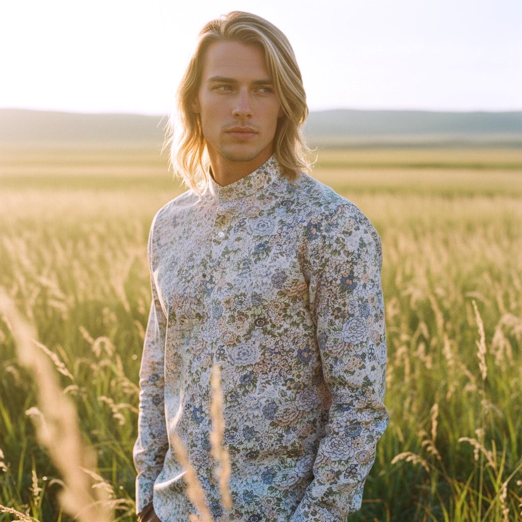 Mandarin Collar Liberty Print Men Shirt: Long Sleeve Button Up, Botanical Floral Cotton Fabric