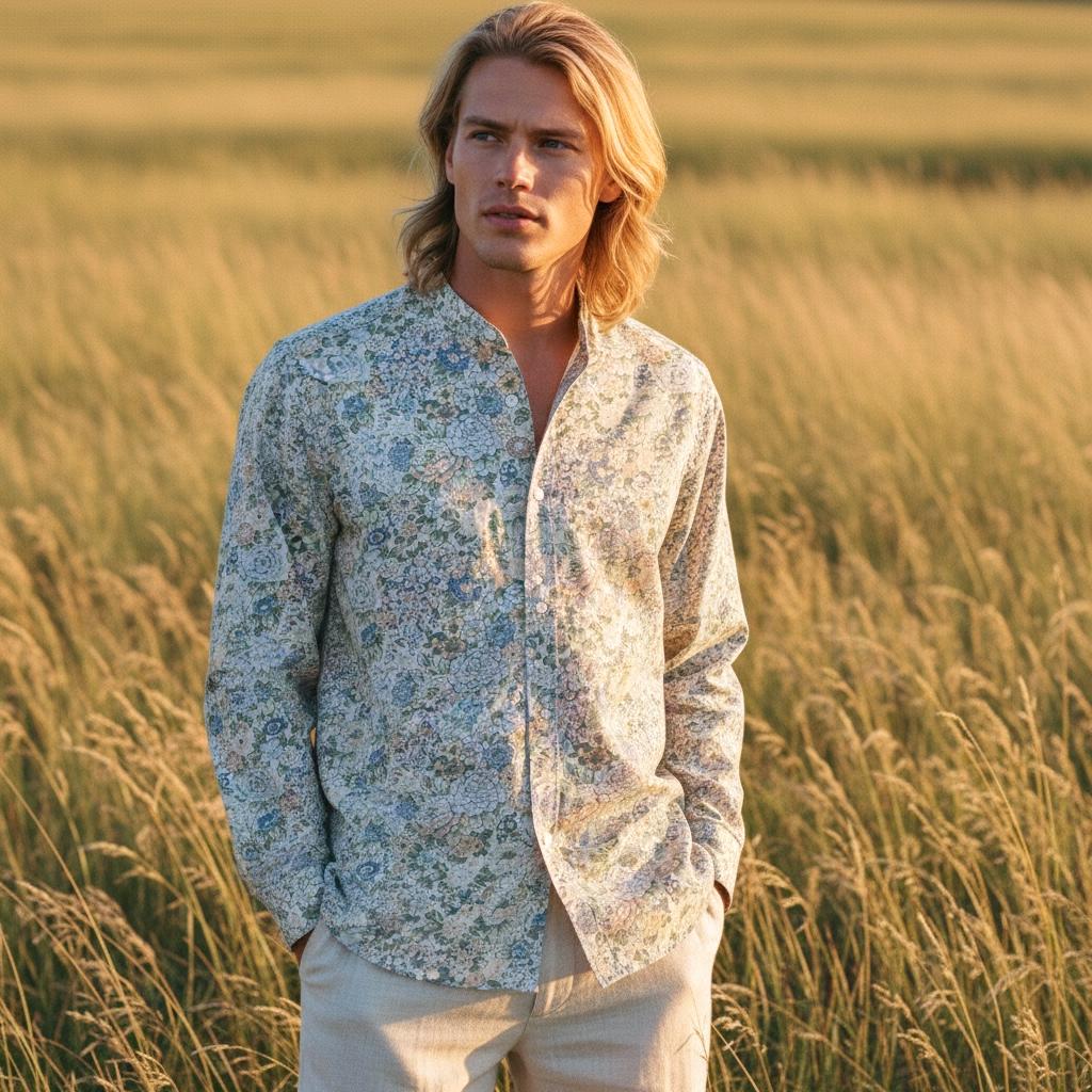 Mandarin Collar Liberty Print Men Shirt: Long Sleeve Button Up, Botanical Floral Cotton Fabric