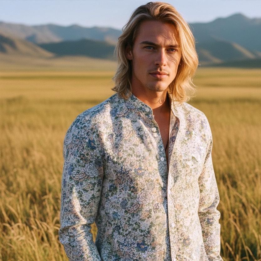 Mandarin Collar Liberty Print Men Shirt: Long Sleeve Button Up, Botanical Floral Cotton Fabric