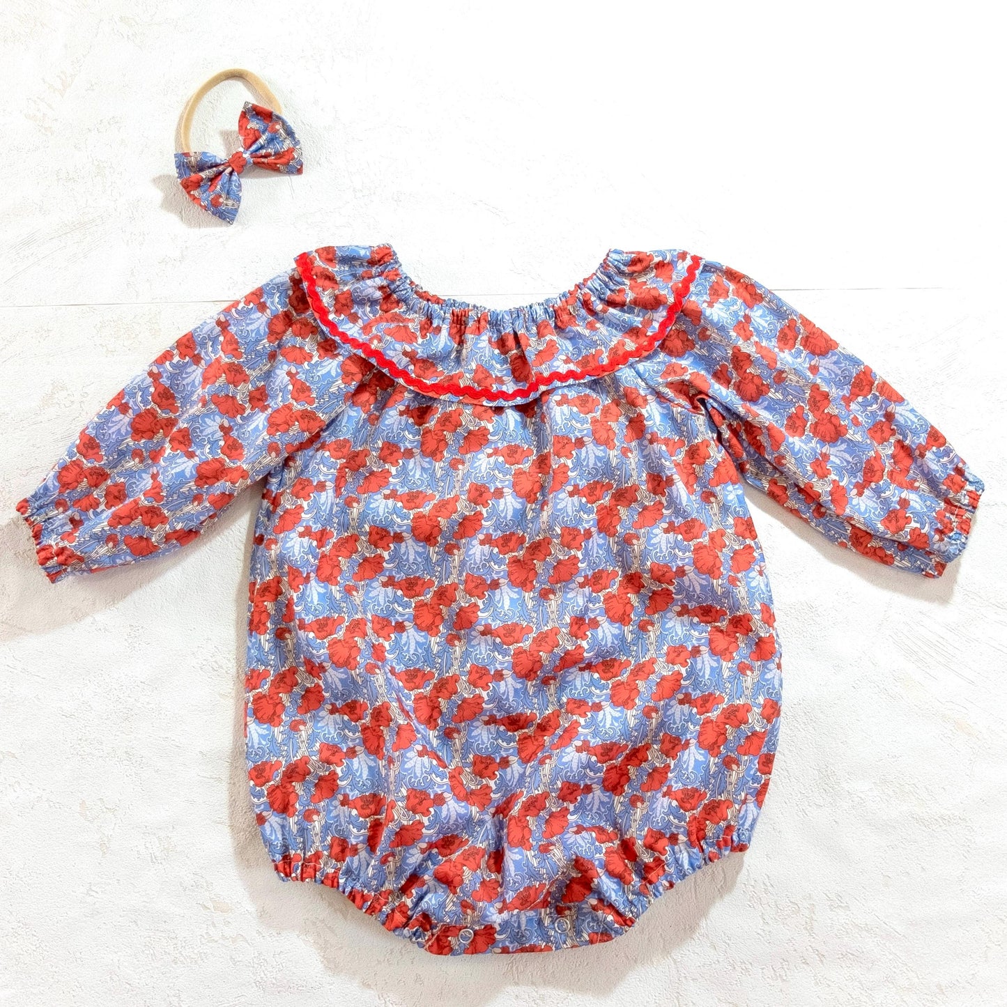 Long Sleeve Liberty London Bubble Romper: Ruffle Collar, Floral Cotton Baby Onesie