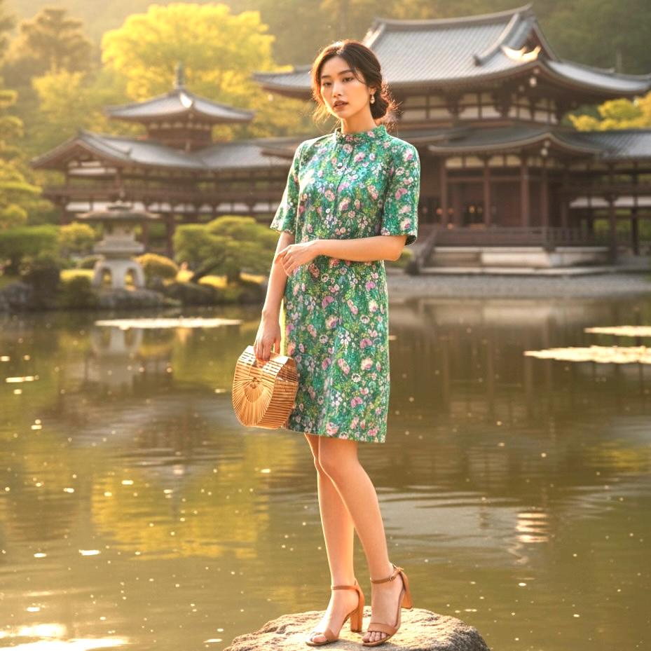 Liberty Floral Print Dress: Mandarin Collar Shift Dress, Short Sleeves