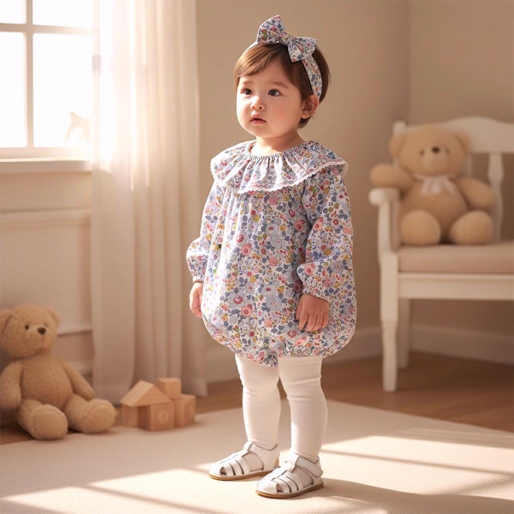 Long Sleeve Liberty London Baby Romper: Floral Print Cotton Bubble, Ruffle Collar Playsuit