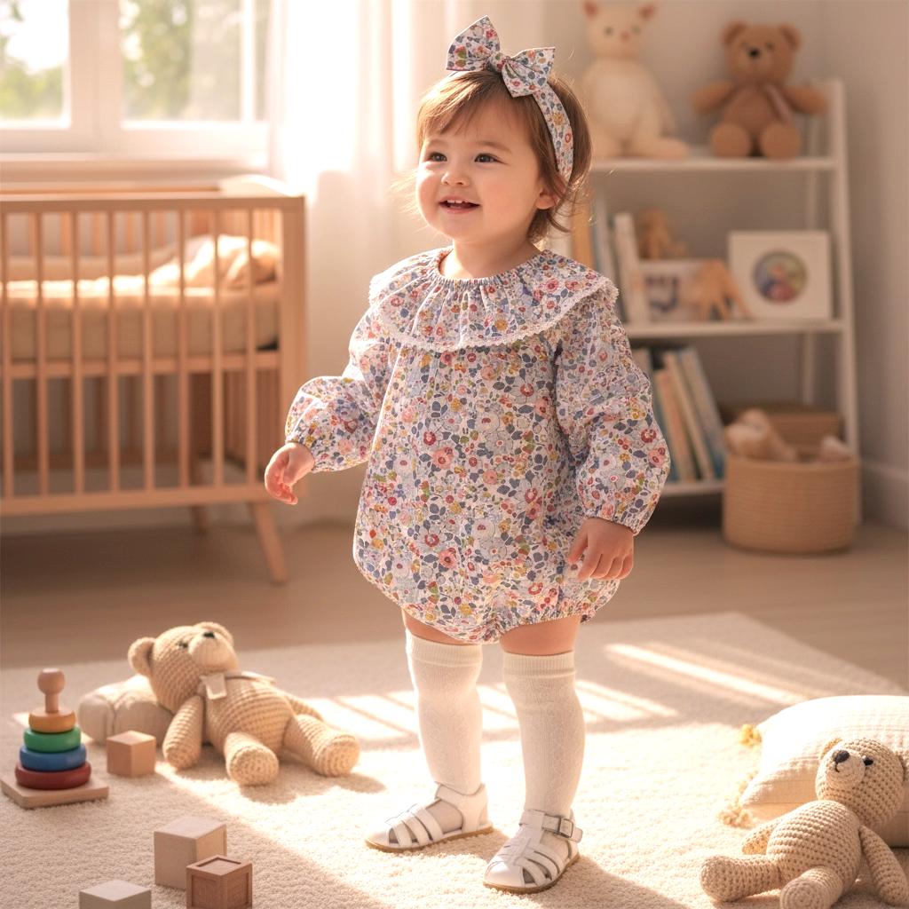 TWINS Liberty London Long Sleeve Baby Romper: Floral Print Cotton Bubble, Ruffle Collar Playsuit