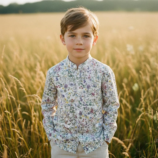 Mandarin Collar Liberty Print Boy Shirt: Long Sleeve Cotton Button-Up, Botanical Flower