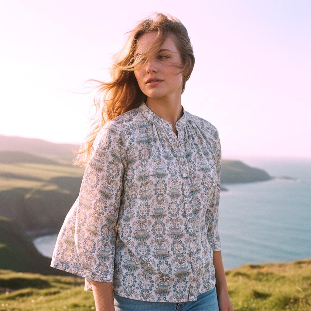 Mandarin Collar Liberty Floral Print Top: 3/4 Sleeves, Loose Fit Ditsy Botanical Gather Blouse