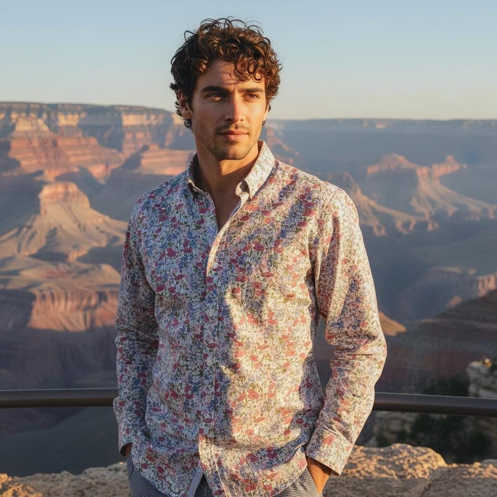 Liberty London Men Long Sleeve Button Up Shirt: Botanical Floral Print Cotton Fabric