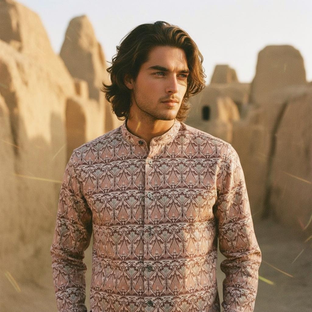 Mandarin Collar Liberty Print Men Shirt: Long Sleeve Button Up, Botanical Floral Cotton Fabric