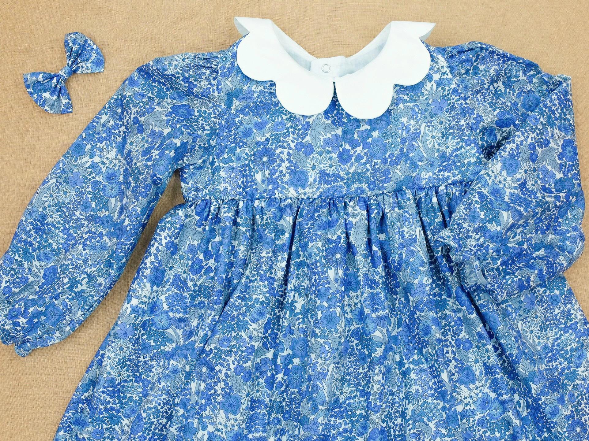 Liberty London Long Sleeve Girl Dress: Floral Print, Scallop Collar