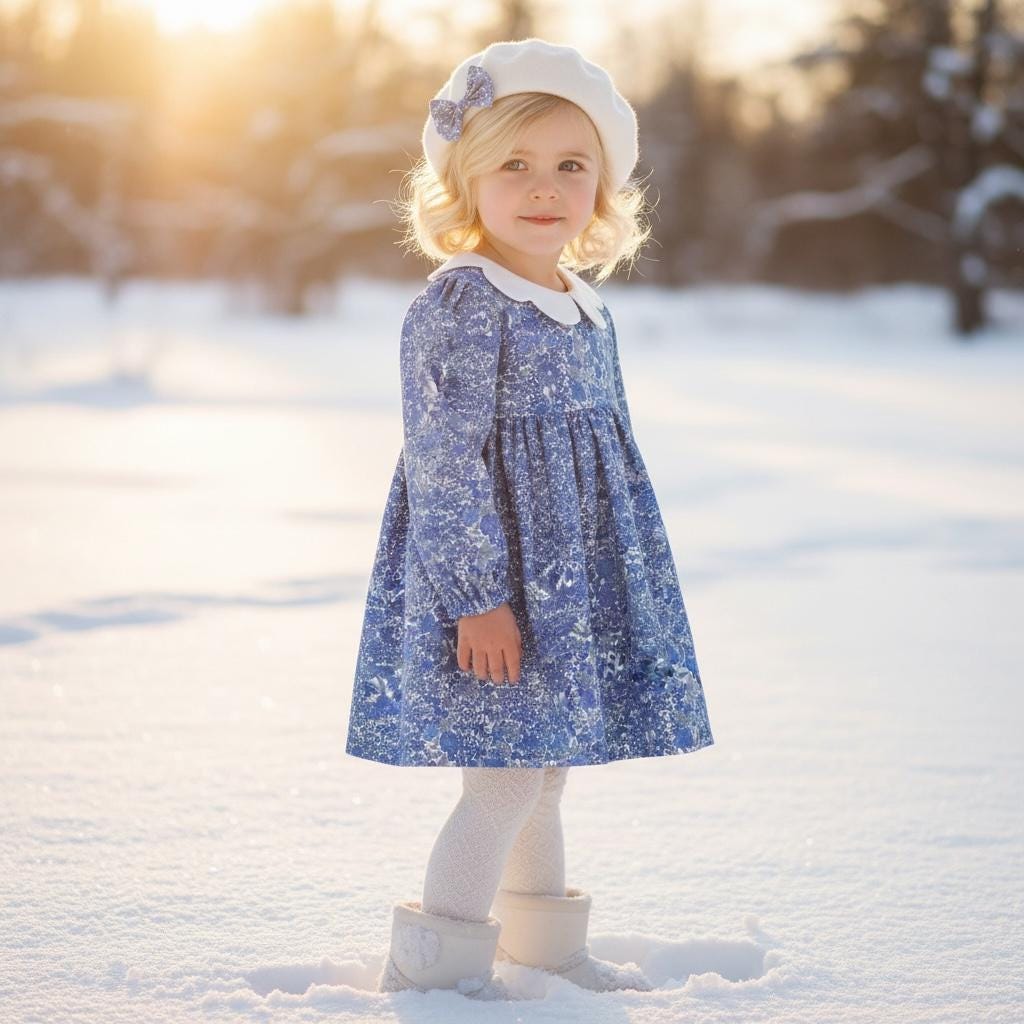 Liberty London Long Sleeve Girl Dress: Floral Print, Scallop Collar