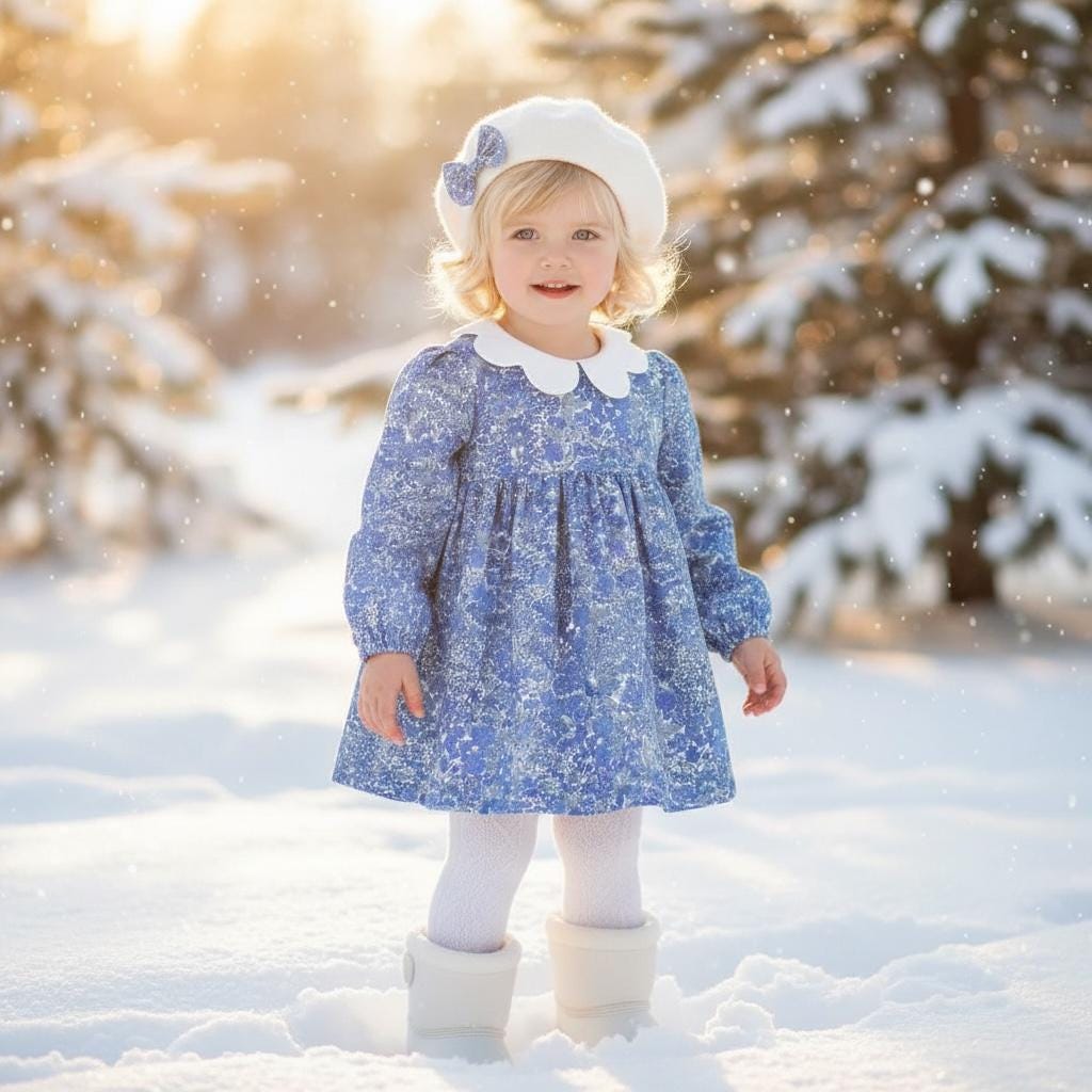 Liberty London Long Sleeve Girl Dress: Floral Print, Scallop Collar