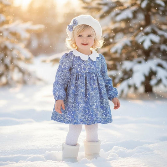 Liberty London Long Sleeve Girl Dress: Floral Print, Scallop Collar