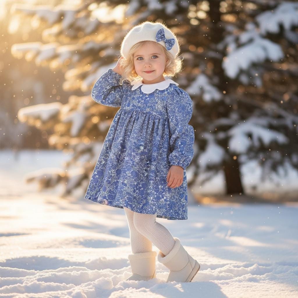 Liberty London Long Sleeve Girl Dress: Floral Print, Scallop Collar