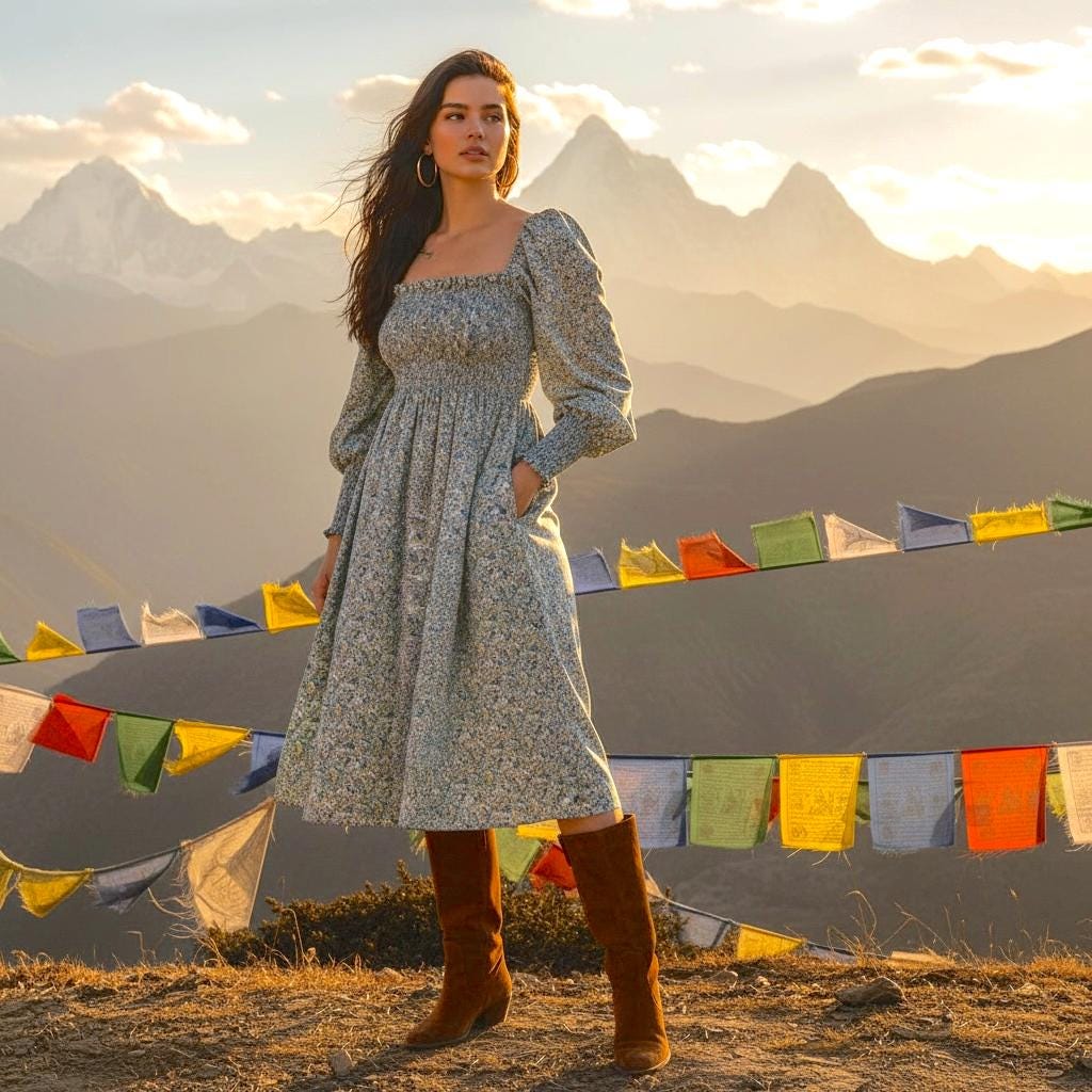 Renaissance Liberty Print Smock Dress: Botanical Ditsy Floral, Long Sleeve Midi Dress, Square Neck