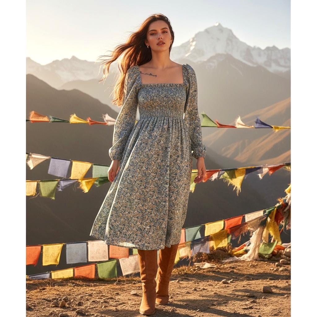 Renaissance Liberty Print Smock Dress: Botanical Ditsy Floral, Long Sleeve Midi Dress, Square Neck