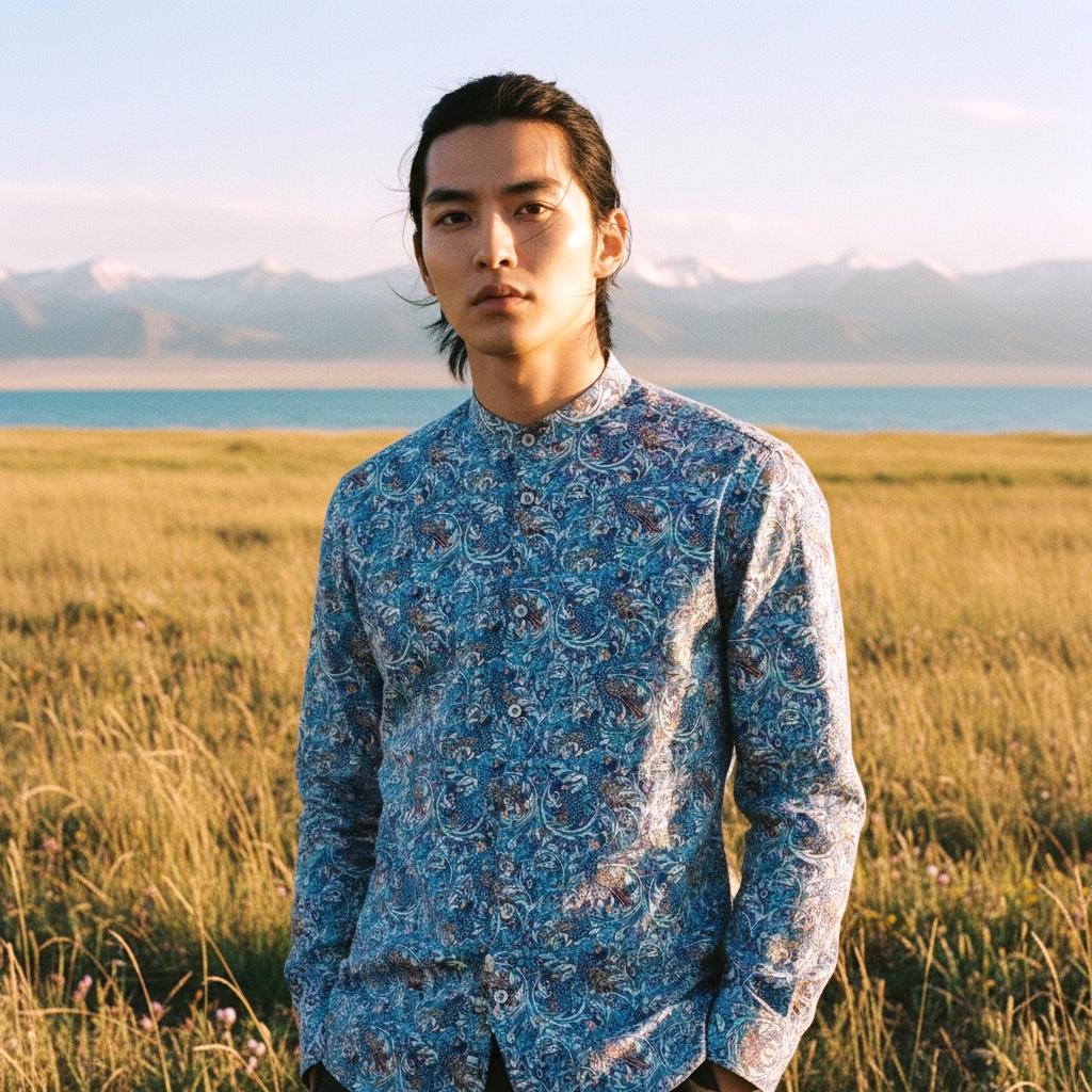 Liberty Print Men's Shirt, Mandarin Collar, Floral Tana Lawn Cotton