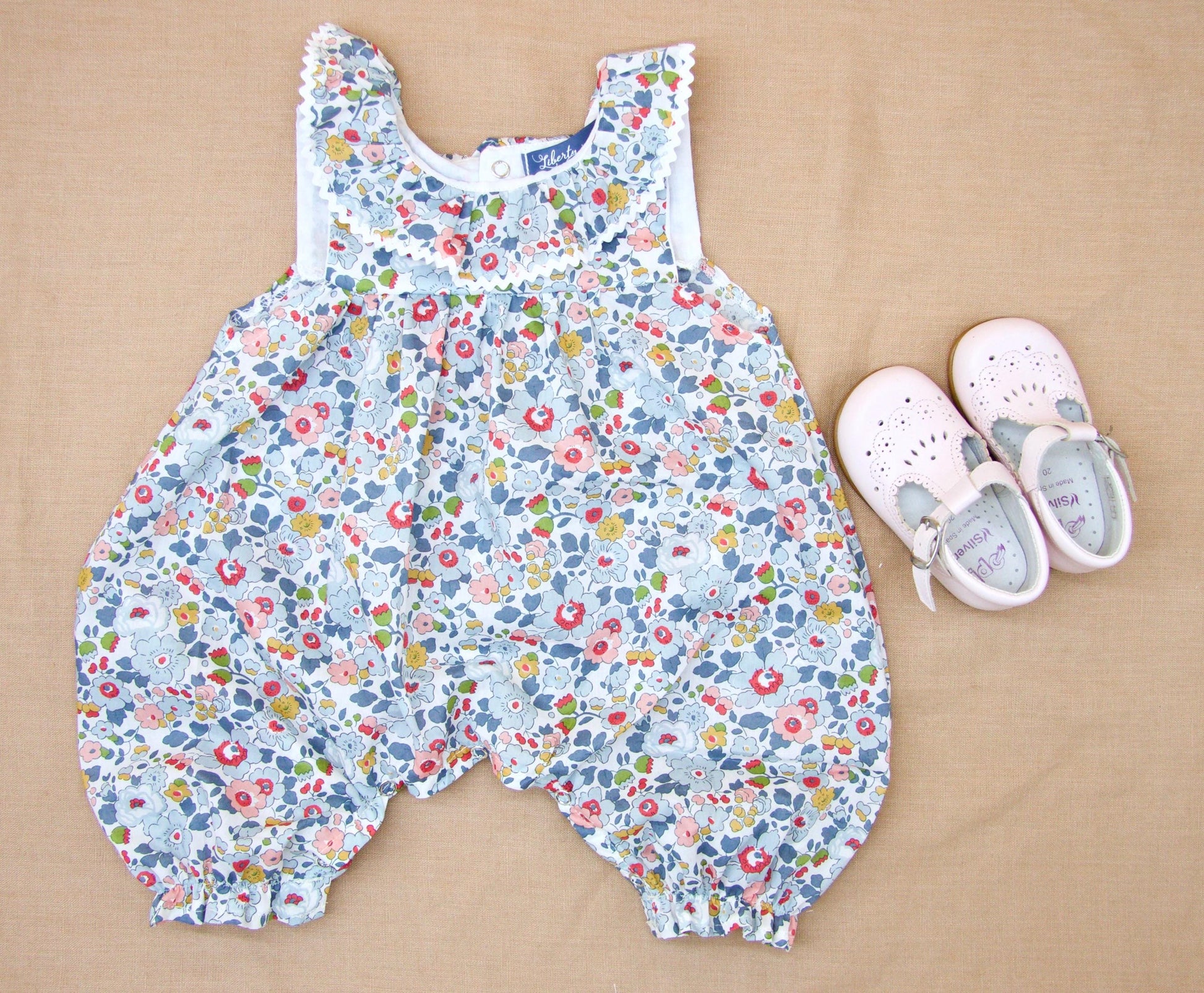 Liberty Floral Print Fabric Overalls: Ruffle Collar, Sleeveless Dungarees