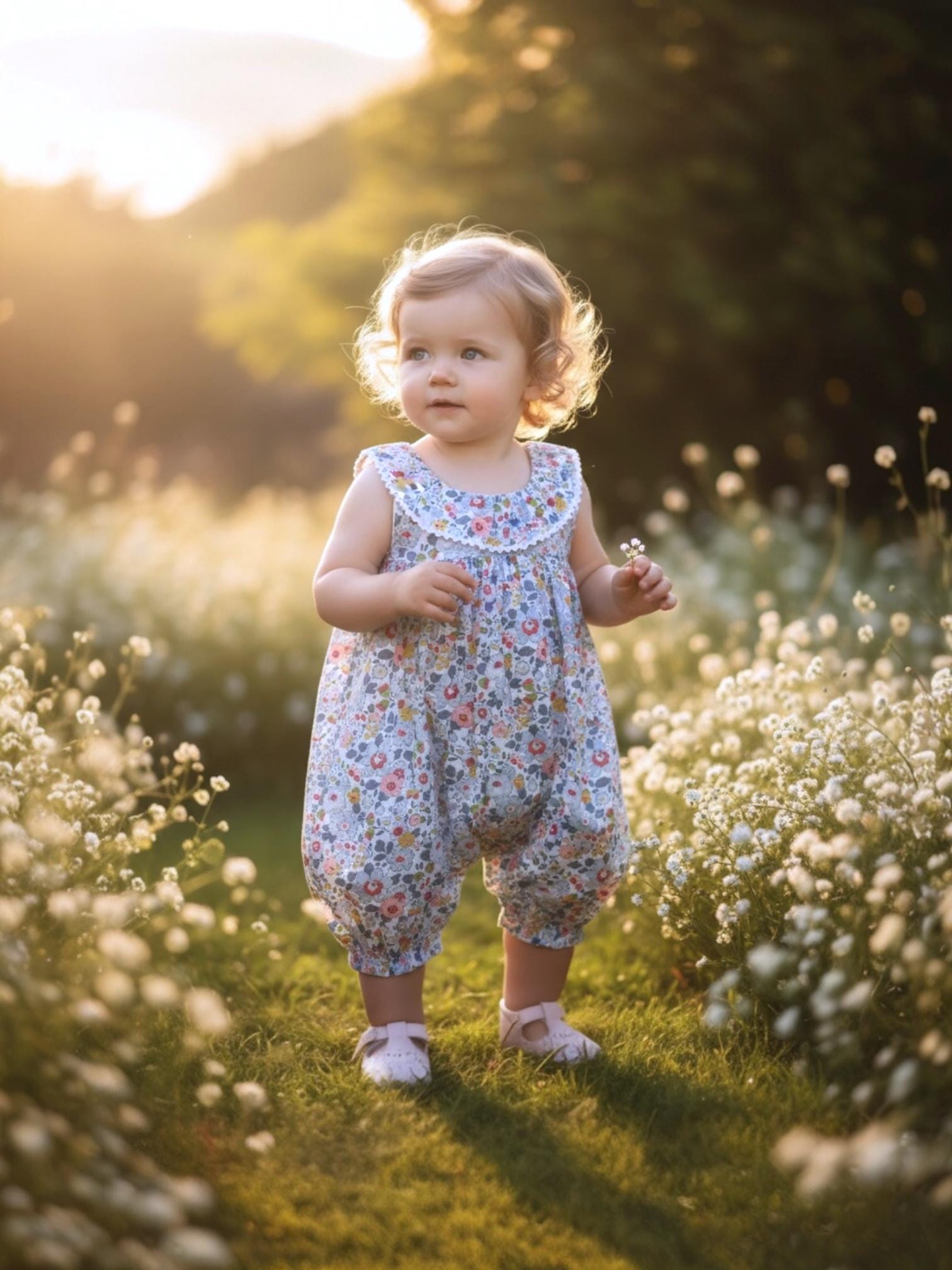 Liberty Floral Print Fabric Overalls: Ruffle Collar, Sleeveless Dungarees