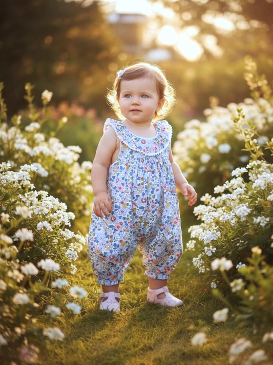 Liberty Floral Print Fabric Overalls: Ruffle Collar, Sleeveless Dungarees