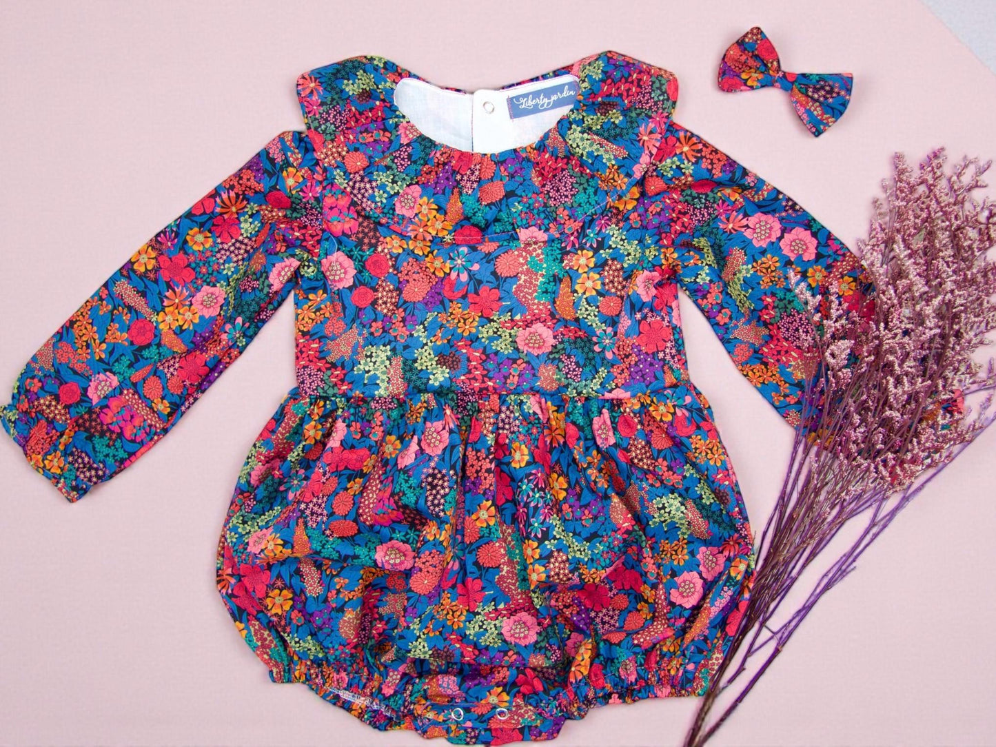 TWINS Baby Liberty London Bubble Romper: Long Sleeves, Ruffle Collar Playsuit