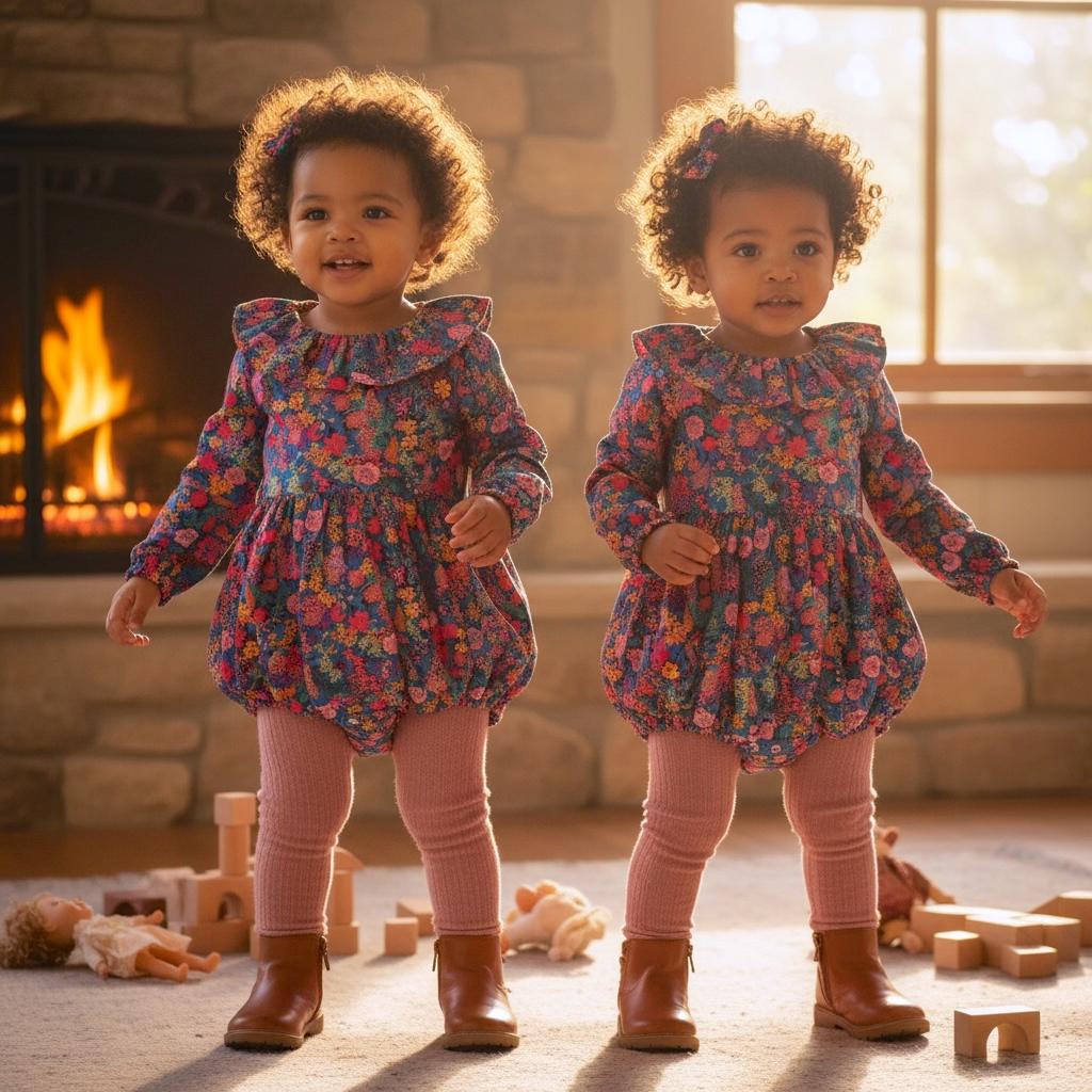 TWINS Baby Liberty London Bubble Romper: Long Sleeves, Ruffle Collar Playsuit