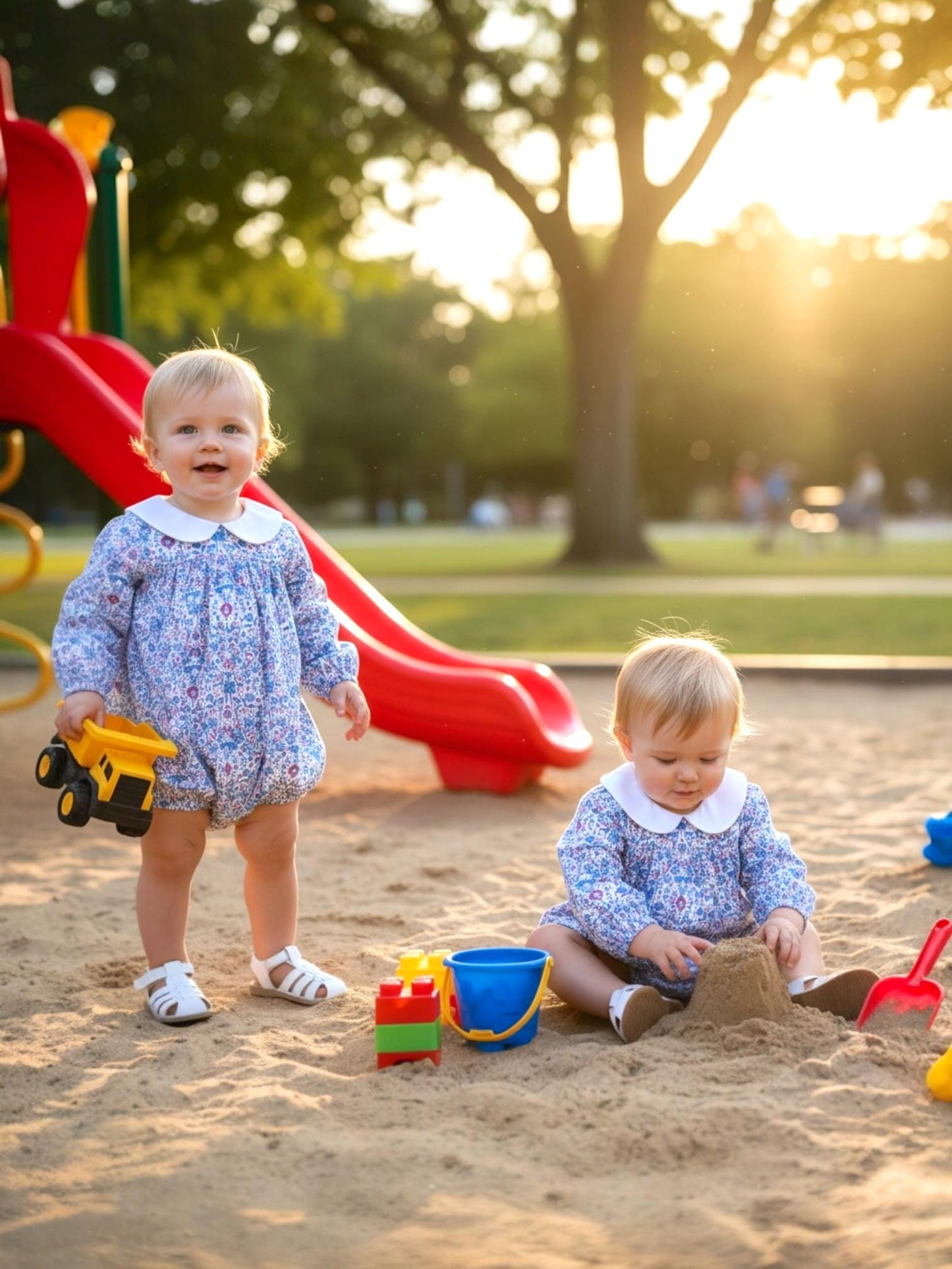 TWINS Liberty Baby Bubble Romper: White Peter Pan Collar, Long Sleeves