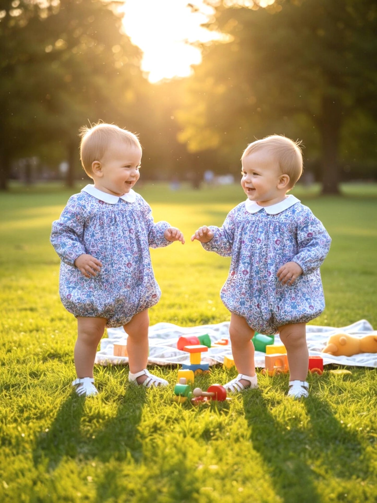 TWINS Liberty Baby Bubble Romper: White Peter Pan Collar, Long Sleeves
