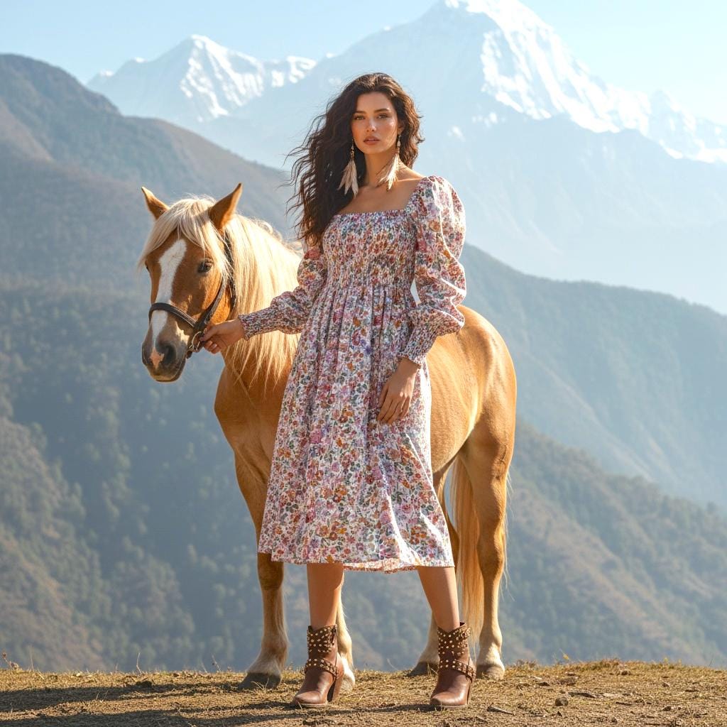 Renaissance Liberty Print Smock Dress: Botanical Ditsy Floral, Long Sleeve Midi Dress, Square Neck