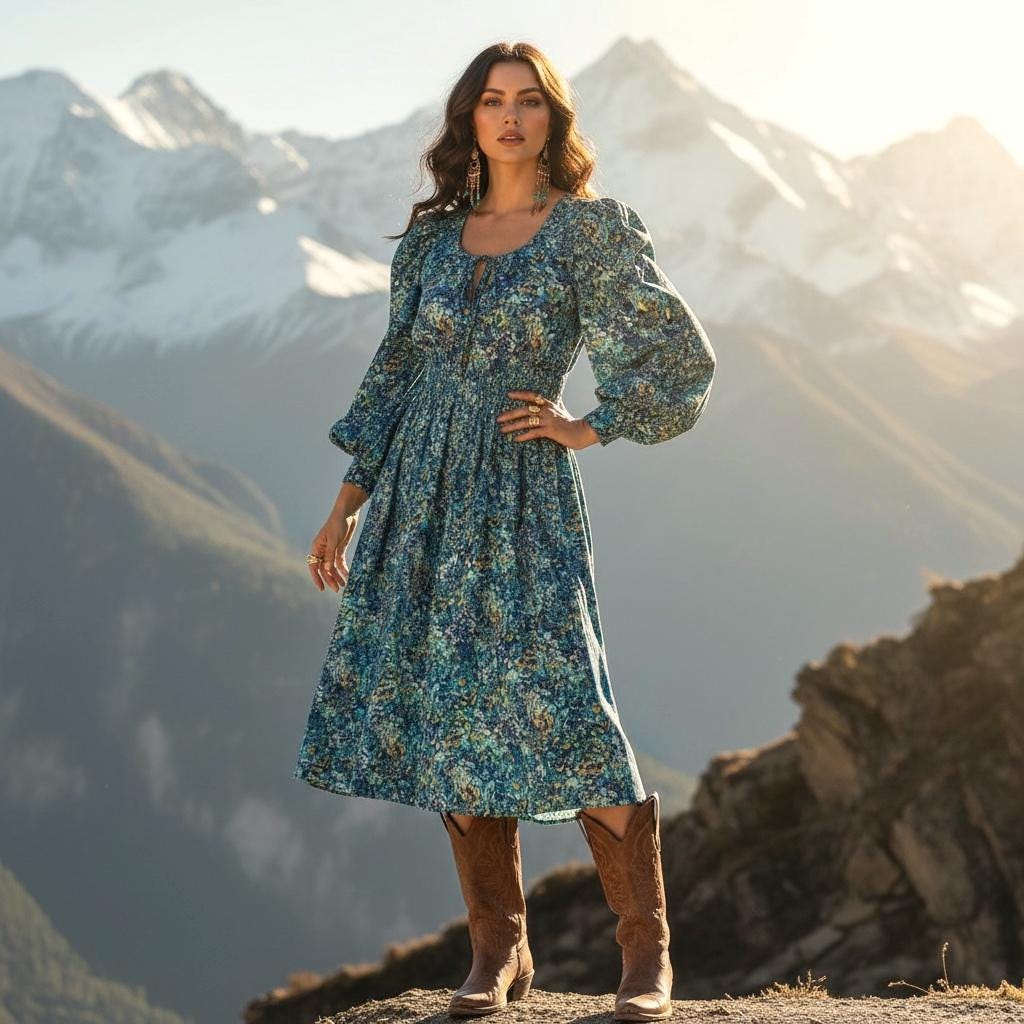 Liberty Print Smock Dress: Botanical Ditsy Floral, Long Sleeve Midi Dress, Deep Round Neck