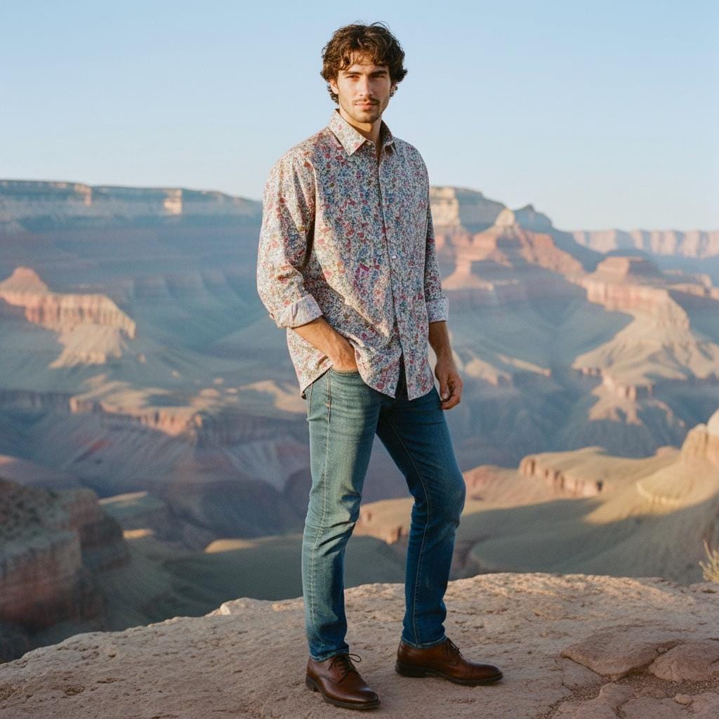 Liberty London Men Long Sleeve Button Up Shirt: Botanical Floral Print Cotton Fabric