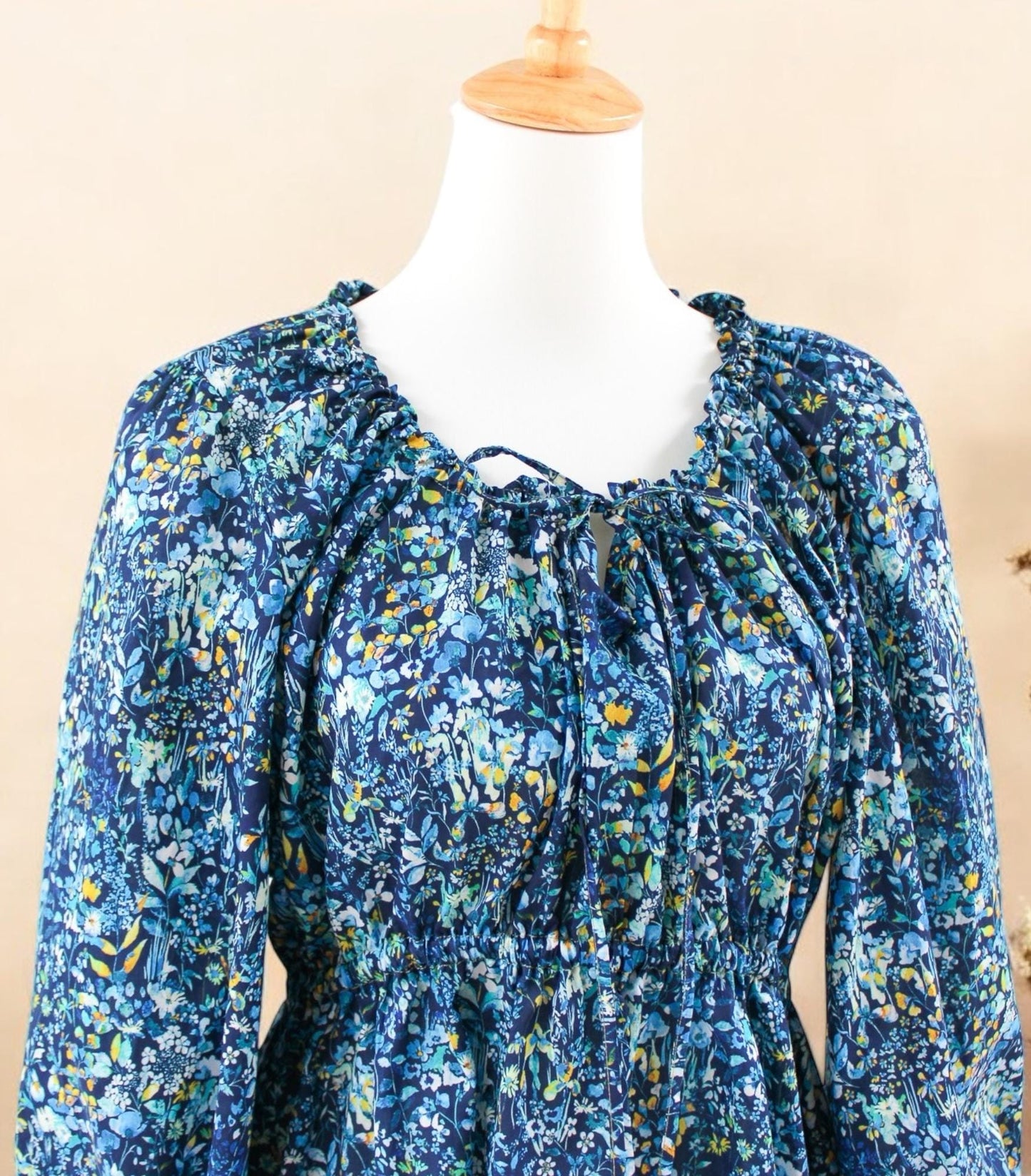 Liberty Print Smock Dress: Botanical Ditsy Floral, Long Sleeve Midi Dress, Deep Round Neck