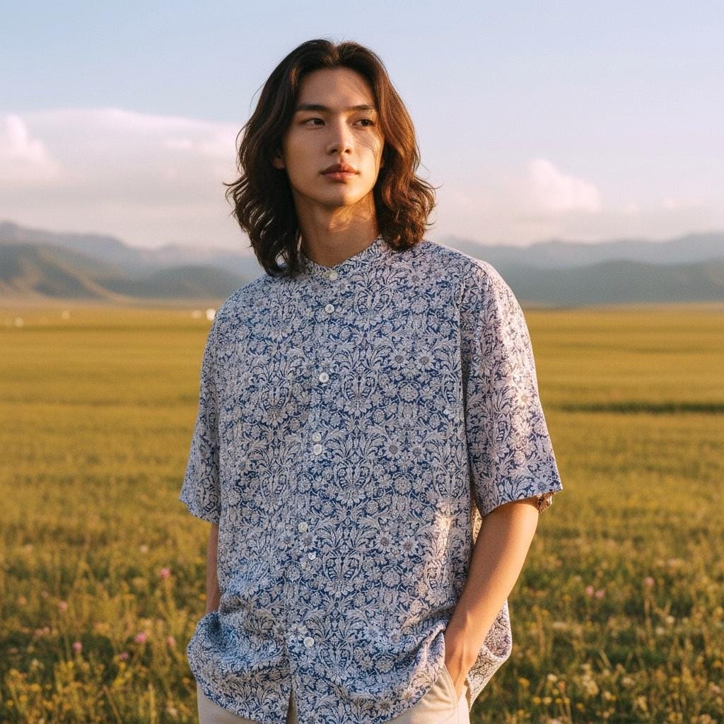 Liberty London Short Sleeve Men Button Up Shirt, Mandarin Collar Casual Floral Print Chemise