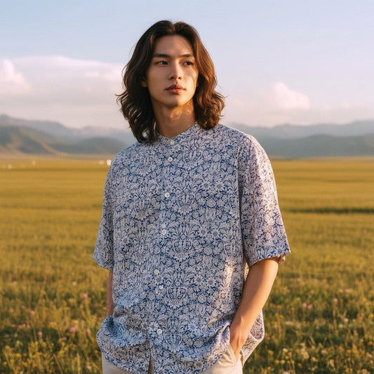 Liberty London Short Sleeve Men Button Up Shirt, Mandarin Collar Casual Floral Print Chemise