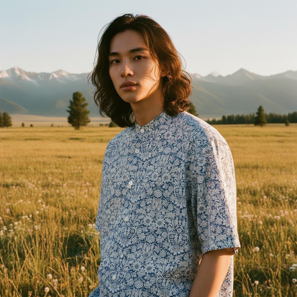 Liberty London Short Sleeve Men Button Up Shirt, Mandarin Collar Casual Floral Print Chemise