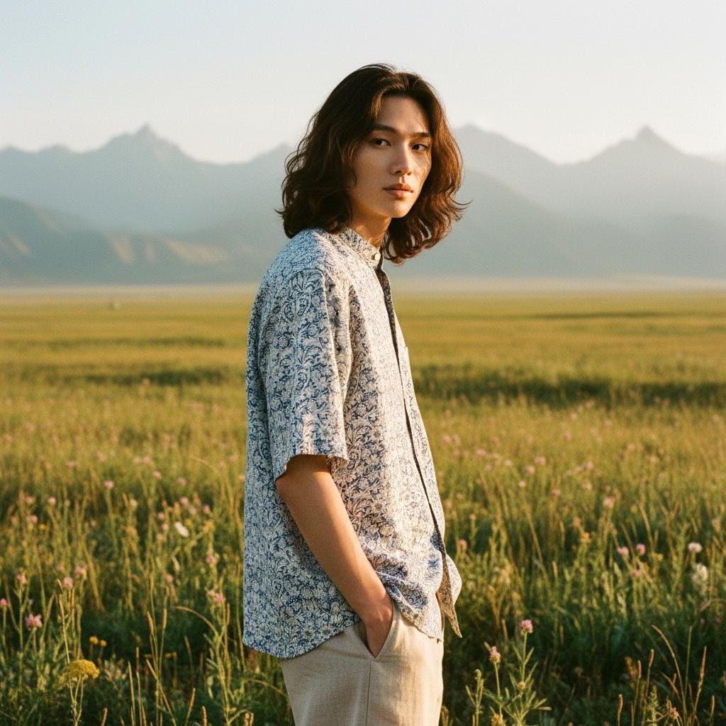 Liberty London Short Sleeve Men Button Up Shirt, Mandarin Collar Casual Floral Print Chemise